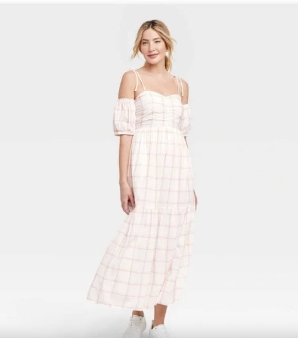 Universal Thread Women's Pink White Plaid Off Shoulder Puff Sleeve Maxi Dress L
